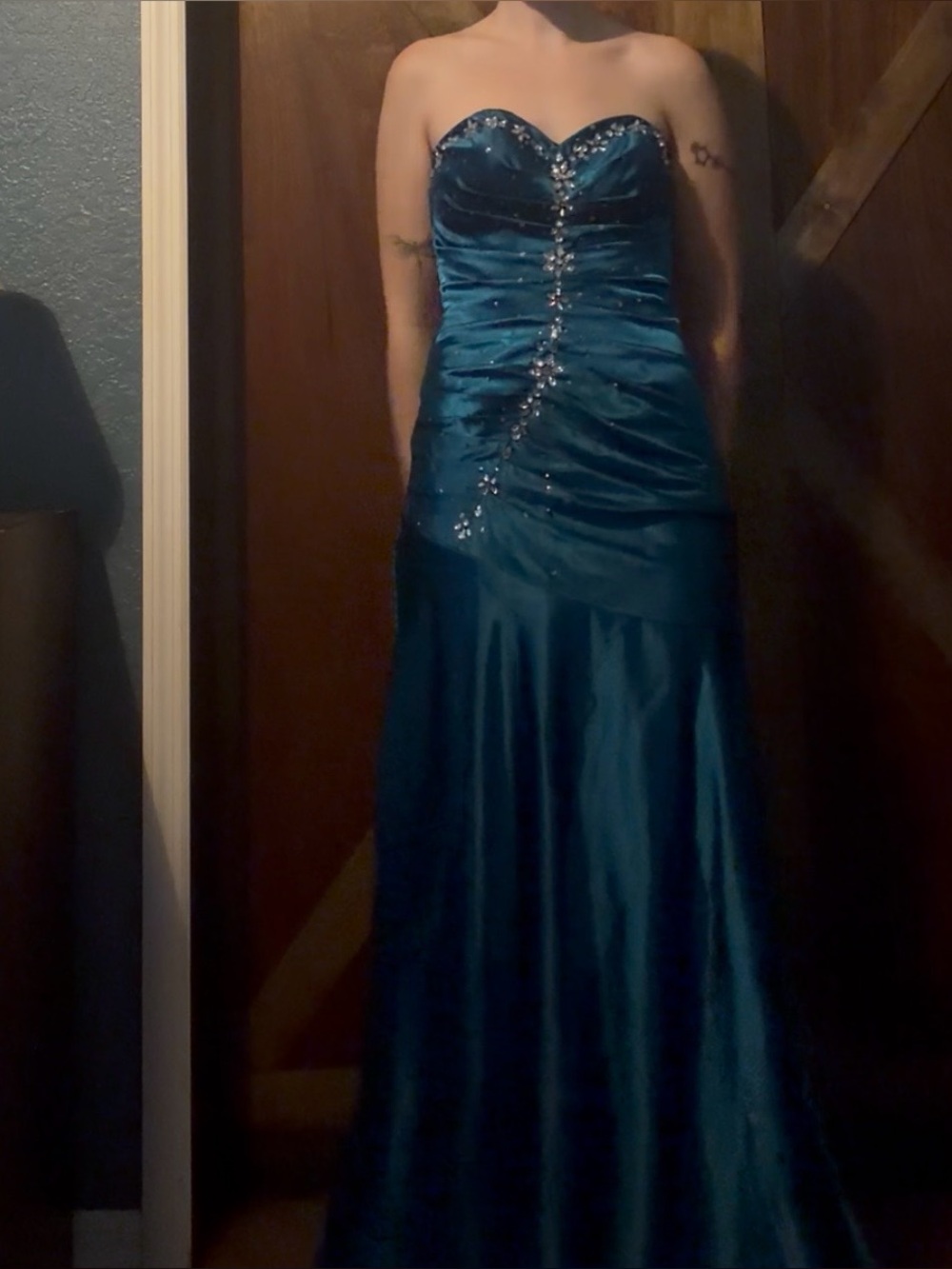 Blue Strapless Evening Gown with Rhinestone Detail